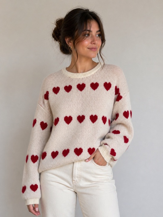 Womance Sweaters - Womance Cream plush Sweater with Red Heart Pattern size XL